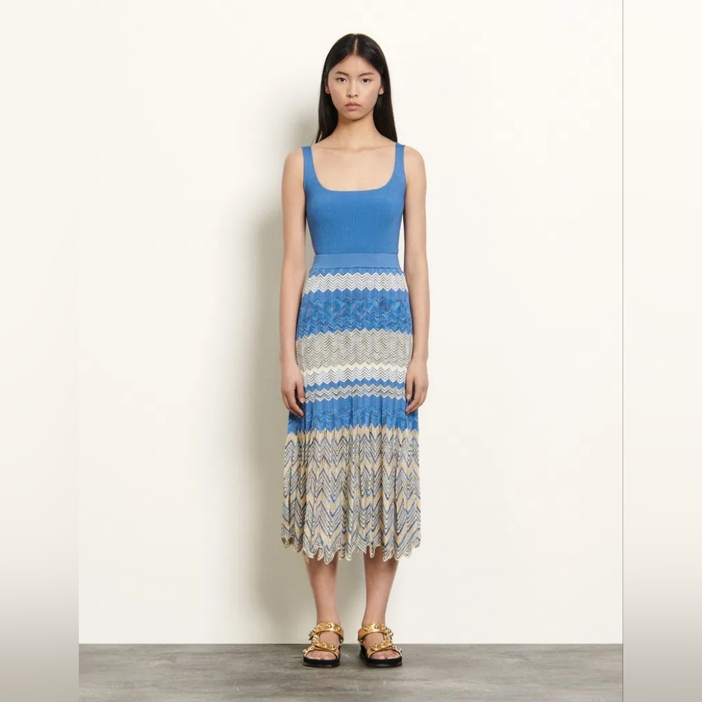 Sandro Blue and Cream Pleated Maxi Skirt